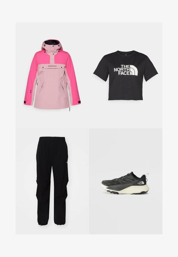 Peak Performance ANORAK - Snovborda jaka - bitter root/beetroot purple; Melnā īsā t-kreklā no kokvilnas, ar baltu logo un izliektiem akcentiem, uz kura ir uzraksts "THE NORTH FACE" priekšpusē. Īsas piedurknes, apaļa izgriezuma kakla daļa.; Melnas āra bikses, kas izgatavotas no izturīga materiāla, ar brīvu piegriezumu, elastīgu jostu un savilktiem rāvējslēdzējiem, lai pielāgotu garumu.; Melna sporta kurpe ar teksturētu augšdaļu, kurai ir pelēki akcenti un balts vidusdaļa. Ietver vilkšanas cilpu un izteiktu zīmola logo uz papēža.