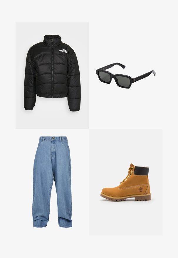 Črna pufasta jakna z zadrgo, visokim ovratnikom in elastičnimi manšetami. Ima šivane panele in logotip na levem rami.; Bela polo majica iz bombaža. Ima klasičen ovratnik, tri gumbke in kratke rokave. Diskretno vezen logo na prsih.; Svijetloplave traper hlače sa širokim krojem, zatvaranjem na dugme, prednjim džepovima i manžetom, s klasičnim pet-džepnim dizajnom.; Rjave usnjene gležnjarje z metalnimi luknjami, belim krznom na notranji strani, črnima oblazinjeno ovratnikom, trdo podplatom in vtisnjenim logotipom na strani.; Črna, kvadratna sončna očala z sivimi lečami. Debeli plastični okviri vsebujejo zlate detajle in blagovno znamko na templju. Gladka tekstura.