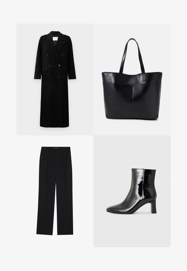 Schwarzer Wollmantel mit einem doppelt knöpfbaren Design, großen eingekerbten Revers, frontalen Taschen und sechs passenden Knöpfen. Langer, gerader Schnitt.; Schwarz langärmliges Oberteil mit ausgestellt geschnittenen Bündchen, weicher Textur und entspannter Passform, mit einem schlichten runden Halsausschnitt.; Schwarze Hose mit geradem Bein, ausgestattet mit zwei frontalen Taschen und einem Taillenbund. Hergestellt aus einem glatten, leichten Stoff.; Schwarzer Lackleder-Stiefelette mit spitzer Zehe und einem mittelhohen Blockabsatz. Glatte Textur und minimalistisches Design.; Schwarze Leder-Shopper-Tasche mit zwei langen Griffen, einer glatten Textur und einer strukturierten Form. Verfügt über eine Vordertasche für zusätzlichen Stauraum.