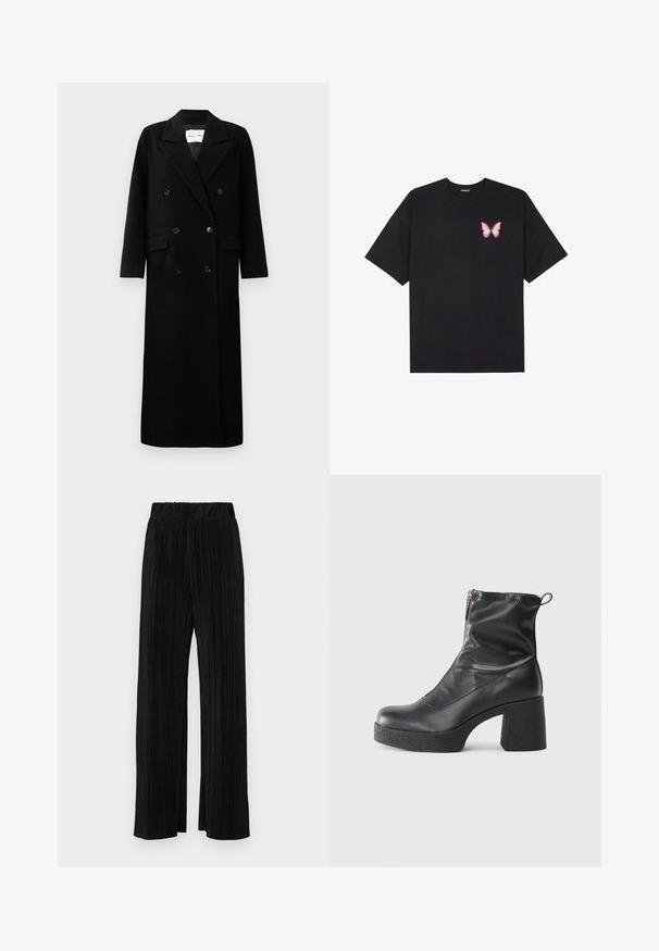 Abrigo de lana negro con un diseño de doble botonadura, grandes solapas con muesca, bolsillos delanteros y seis botones a juego. Corte largo y recto.; Camiseta de algodón negra de manga corta, con un pequeño gráfico de mariposa rosa en el lado izquierdo del pecho. Diseño de cuello redondo con un corte relajado.; Pantalones negros de pliegues con una cintura elástica. Presentan piernas anchas y una tela suave y texturada con rayas verticales.; Botines negros de tobillo, hechos de cuero suave, con cierre lateral, tacón grueso texturizado y diseño de punta redondeada.