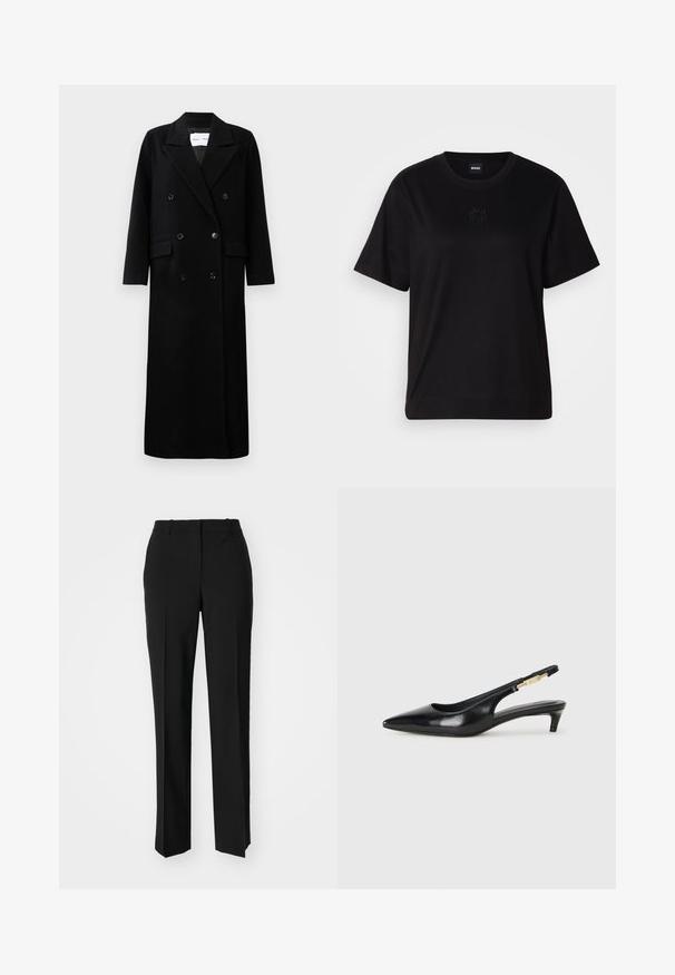 Čierny vlnený kabát s dvojradovým zapínaním, veľkými klopami, prednými vreckami a šiestimi zladenými gombíkmi. Dlhý, rovný strih.; Čierne bavlnené tričko s okrúhlym výstrihom, krátkymi rukávmi a vyšívaným logom na hrudi. Jednoduchý, voľný strih bez vzorov.; Čierne krajčírské nohavice so strihom rovného nohu, s hladkou textúrou a ostrými skladmi pozdĺž prednej časti. Žiadne viditeľné hardvér.; Čierne kožené slingback opätky s špicatou špičkou, s úzkym opätkom a zlatým detailom na nastaviteľnom remienku. Hladká textúra.
