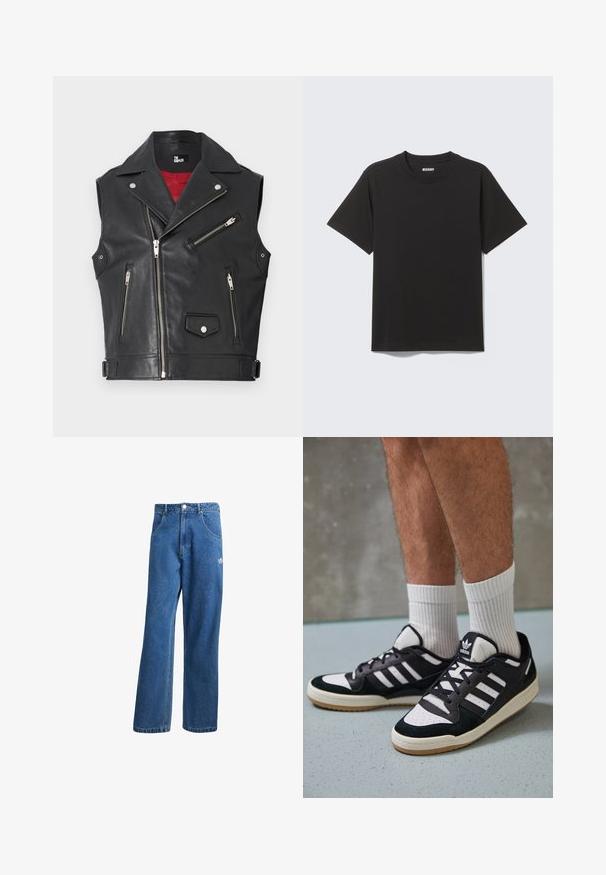 Zwarte leren vest met brede kraag, meerdere ritsen en zilverkleurige hardware. Rode voering zichtbaar aan de binnenkant; bevat een voorzak met drukknoopsluiting.; Zwart T-shirt met korte mouwen gemaakt van zachte katoen, met een ronde halslijn en een eenvoudig ontwerp zonder patronen of accenten.; Blauwe hoge taille wijde spijkerbroek met voorzakken, riemlussen, knoopsluiting en klein Adidas-logo op de rechterdij.; Zwart-witte sneakers met een bovenwerk van suede en leer, voorzien van drie witte strepen, een geperforeerde neus en een rubberen gumzool.