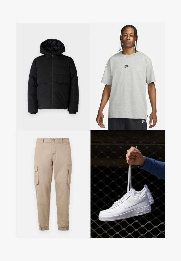 Giacca a vento nera con zip frontale, cappuccio e design a righe orizzontali. Realizzata in un tessuto liscio e resistente con polsini a coste.; Giovane con capelli intrecciati che indossa una maglietta Nike grigia chiara e pantaloni Nike neri su uno sfondo bianco semplice.; Pantaloni cargo beige in un leggero cotone. Presentano polsini elasticizzati, molteplici tasche laterali e una chiusura con bottone.; Sneakers in pelle bianca con perforazioni, punta rotonda, suola piatta e lacci spessi, con logo swoosh visibile e "AIR" sul tallone.