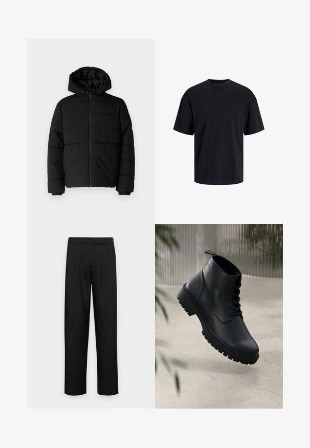Črna puhovka z zadrgo spredaj, kapuco in vodoravno šivano obliko. Narejena je iz gladkega, trpežnega materiala z rebrastimi manšetami.; Črna bombažna majica s krojačkom izrezom, kratkimi rokavi in sproščenim krojem. Gladka tekstura in brez vidnih vzorcev ali poudarkov.; Črne hlače iz gladkega materiala, s krojem ravne noge, dvema sprednjima pregiboma in standardnim pasom z zankami za pas.; Črne usnjene gležnjarje z zaobljenim nosom, s vezalkami in trdim gumijastim podplatom. Gladka tekstura z zanko na hrbtni strani.