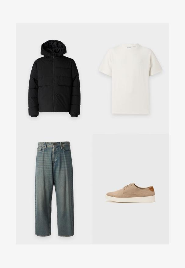 Čierna puff jacket s predným zipsom, kapucňou a horizontálnym prešívaním. Vyrobená z hladkej, odolnej tkaniny s rebrovanými manžetami.; Biela krátka tričko s krátkym rukávom so žebrovanou textúrou. Okrúhly výstrih, uvoľnený strih, žiadne viditeľné vzory ani akcenty. Jednoduchý a všestranný dizajn.; Svetlomodré denimové nohavice so voľným strihom, stredne vysokým pásom a rovnými nohavicami. Obsahujú päť vreciek, pútka na opasok a zapínanie na gombík.; Béžové semišové tenisky s okrúhlou špičkou, šnurovaním vpredu a textúrovaným zadným akcentom. Biela gumová podrážka poskytuje kontrast. Jednoduchý a moderný dizajn.