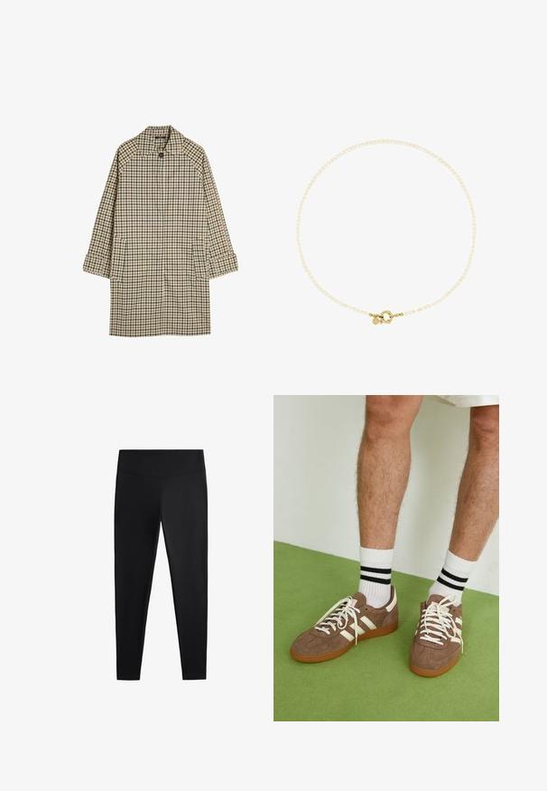 Beżowy i zielony płaszcz w kratę, z kołnierzem, raglanowymi rękawami, zapięciem na guziki i bocznymi kieszeniami. Wykonany z lekkiego materiału, o średniej długości.; Biały prążkowany top na ramiączkach z czarnym haftowanym logo umieszczonym na środku klatki piersiowej. Dekolt i otwory na ramiona wykończone subtelnym obszywaniem.; Czarne legginsy wykonane z gładkiego, elastycznego materiału. Posiadają szeroki pas oraz zwężany krój nogawek, odpowiednie zarówno do aktywności fizycznej, jak i na co dzień.; Brązowe zamszowe sneakersy z białymi akcentami i sznurówkami. Gumowa, brązowa podeszwa. Noszone z białymi skarpetkami w czarne paski. Zielona teksturowana podłoga.; Biała kolia z koralików z złotym zapięciem, składająca się z małych, nieregularnie ukształtowanych koralików oraz dekoracyjnego akcentu w pobliżu zapięcia.