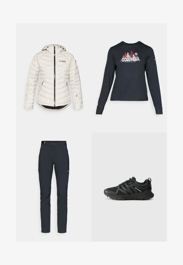 Columbia ROARING FORK™ JACKET - Suusajakk - dark stone; Pikend varrukatega tumehall särk, millel on punaste puude ja mägede graafika; "COLUMBIA" logo julge valge tekstiga. Pehme kangas, tavaline ümmargune kaelus.; Meeste välkpüksid, tumehallid, valmistatud paindlikest materjalidest, vöökohaga, tõmblukuga taskud ja tugevdatud õmblused.; Columbia PEAKFREAK - Matkajalatsid - black