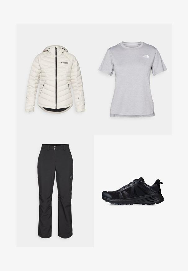 Columbia ROARING FORK™ JACKET - Ski jas - dark stone; Grijze T-shirt met korte mouwen, gemaakt van zachte, vochtabsorberende stof. Heeft een ronde hals en een klein wit logo op de bovenste linkerzijde.; Zwarte outdoor pants met een rechte snit, voorzien van een knoopsluiting, ritszakken aan de zijkant en een logo-label op de linker bovenbeen.; Zwarte trailrunningschoen met een mesh bovenkant en rubberen zool. Heeft textuur overlays, een versterkte neuskap en het merkteken op de hiel.