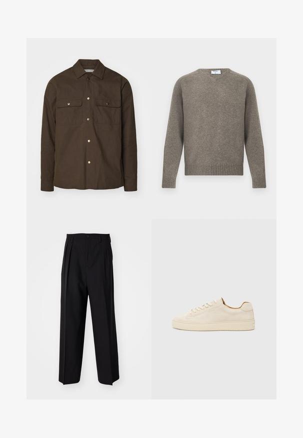 Camisa jaqueta de algodão castanho com colarinho pontudo, frente com botões e dois bolsos no peito. Apresenta botões de pressão em tom dourado e mangas longas.; Camisola cinzenta de malha, gola redonda, punhos e bainha canelados, textura macia, feita de mistura de lã, design minimalista com etiqueta visível na gola.; Calças pretas plissadas com um design reto e de perna larga. Feitas de um tecido liso, apresentam um fecho de botão e passantes para cinto.; Sapatilhas de camurça bege com um design de cano baixo, bico redondo, atacadores planos e uma sola de borracha texturizada. Estilo minimalista sem logótipos visíveis.