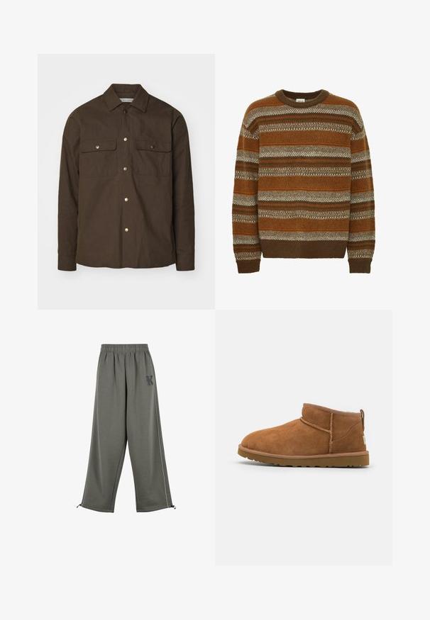 Smeđa pamučna košulja jakna s oštrim kragnom, prednjim kopčanjem na dugmad i dva džepa na prsima. Sadrži zlatne dugmadi s kopčom i dugačke rukave.; Solid SDMAXWELL - Vesta - slate black; Karl Kani KK OS SIDESTRIPE - Hlače - grey; Tamnasti antilop čizme do gležnja s zaobljenim vrhom, suptilnim detaljima šivanja i teksturiranom gumom potplatom. Niska visina bez pertli.