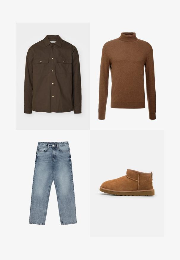 Brūns kokvilnas krekls-jaka ar norādītu apkakli, pogu priekšpusi un divām krūšu kabatām. Satur zelta krāsas snap pogas un garas piedurknes.; Brūns turtlenecks džemperis, izgatavots no mīkstas auduma, ar garām piedurknēm, ribotiem aproču galiem un pieguļošu dizainu bez redzamām rakstām.; Gai zilu džinsu bikses ar taisnu kāju griezumu, redzamām šuvēm, piecu kabatu dizainu un pogu aizdari jostasvietā.; Bēša zamšas potītes zābaks ar noapaļotu purngalu, smalkiem diegu dekorējumiem un teksturētu gumijas zoli. Īsa augstuma bez auklām.