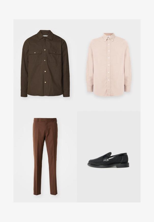 Pruun puuvillane särk-jakk terava kaelusega, nööpide eesmine osa ja kaks rindade taskut. Iseloomustab kuldse tooni pressnööbid ja pikad varrukad.; Heled roosa nööbiga särk pikkade varrukatega, kaelusega ja valgete nööpidega. Valmistatud siledast kangast, regulaarse lõikega.; Pruunid, kohandatud püksid, millel on lame esipaneel, sirged sääred, sile tekstuur ja vööniidid. Pole nähtavaid mustreid ega metalldetailide. ; Must musta kootud slip-on king, millel on pehme nahast accent ülaserval, ümmargune varvas ja madal profiiliga kummitald.