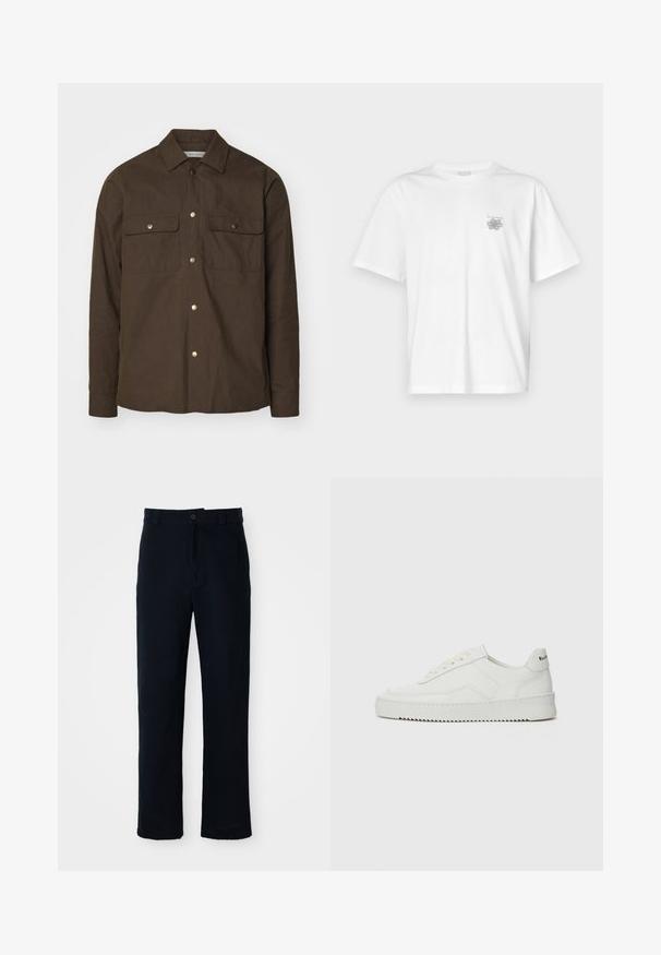 Rjava bombažna jakna s satenim ovratnikom, sprednjim gumbom in dvema žepoma na prsih. Ima zlato obarvane pritisne gumbke in dolge rokave.; Bela majica iz bombaža s kratkimi rokavi, okroglim izrezom in majhnim sivim logotipom na levi strani prsnega dela. Gladka tekstura.; Temno modri hlače iz bombaža, s ravnim krojem, sprednjim gumbom in klasičnim pasom z zankami za pas.; Bela usnjena športna obutev z gladko površino, okroglo prst, ravne vezalke in teksturiran podplat. Ima diskretno logo na peti.