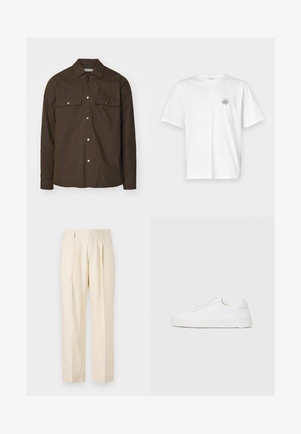 Brown cotton shirt jacket with a pointed collar, button front, and two chest pockets. Features gold-tone snap buttons and long sleeves.; White t-shirt made of cotton featuring short sleeves, a crew neck, and a small gray logo on the left chest area. Smooth texture.; NN.07 KAY - Trousers - off white; White sneaker with a smooth leather upper, rounded toe, laces, textured side accents, and a thick rubber sole. Minimalist design.