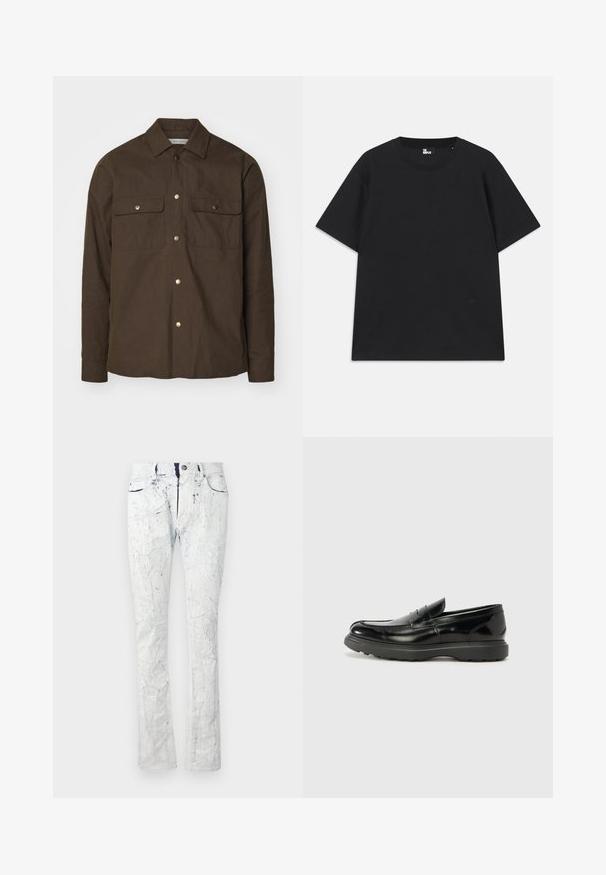 Brown cotton shirt jacket with a pointed collar, button front, and two chest pockets. Features gold-tone snap buttons and long sleeves.; Black short-sleeve t-shirt made of cotton, featuring a round neckline and a small logo detail near the hem. Smooth texture, regular fit.; Light blue jeans with a cracked texture, five-pocket design, button closure, and slight flare at the hem. Distressed detailing throughout.; Black leather loafer with a glossy finish, rounded toe, subtle stitching details, and a thick rubber sole for durability.