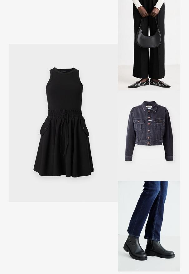 Skraćena crna traper jakna s dugmadi sprijeda, dva džepa na grudima i kontrastnim šavovima. Ima klasičnu kragnu i izdržljiv materijal.; Crna haljina bez rukava s rebrastim gornjim dijelom i raširenom suknjom. Ima elastičnu strukicu i dva bočna džepa s gumbima.; Crne kožne gležnjače s debelim potplatom i bočnim elastičnim panelima, uparene s tamnoplavim trapericama. Podlogu čini svijetla boja.; Crna kožna torba preko ramena zaobljenog oblika, s sjajnom završnom obradom i srebrnim hardverom. Osoba nosi crne hlače širokog kroja i loaferice sa studovima.