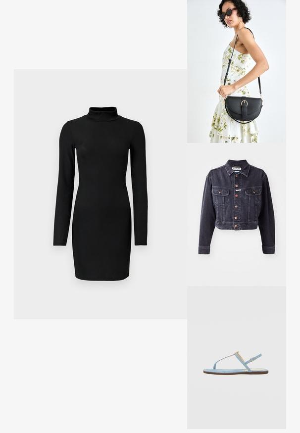 Kuttet svart denimjakke med knappfront, to brystlommer og kontraststing. Har klassisk krage og slitesterkt stoff.; Svart ribbet langermet kjole med høy hals, tettsittende silhuett og glatt tekstur. Midt-lår lengde uten synlige mønstre eller detaljer.; Blå denim flat sandal med T-stroppdesign, justerbar ankelrem og brun såle. Har en enkel spenne-accent.; Svart lærveske med en buet form, avtagbar stropp og gullbeslag. Vesken har et klaff med spenne-detall.