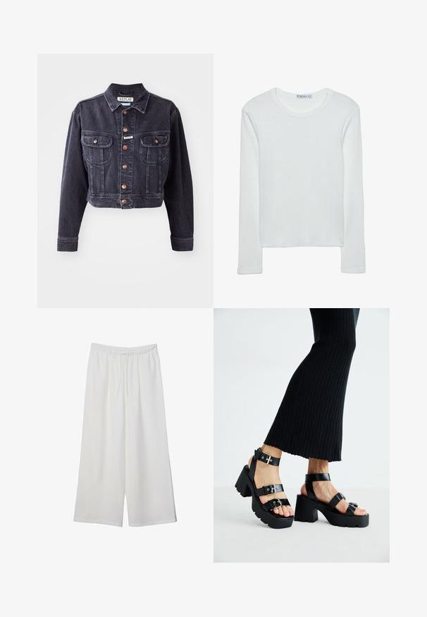 Skračená čierna denimová bunda s gombíkovým zapínaním, dvoma vreckami na hrudi a kontrastným prešívaním. Obsahuje klasický golier a odolnú tkaninu.; Biely dlhý rukáv tričko vyrobené z rebrovanej látky s okrúhlym výstrihom a rovno strihaným lemom. Jednoduchý, jednoliaty dizajn.; Biele široké nohavice z ľahkého materiálu s elastickým pásom a šnúrkou na nastavenie veľkosti. Hladká textúra.; Čierne platformové sandále s robustnými, zúbkovanými podrážkami a viacerými popruhmi, s kovovými prackami a hladkým textúrou pripomínajúcou kožu.
