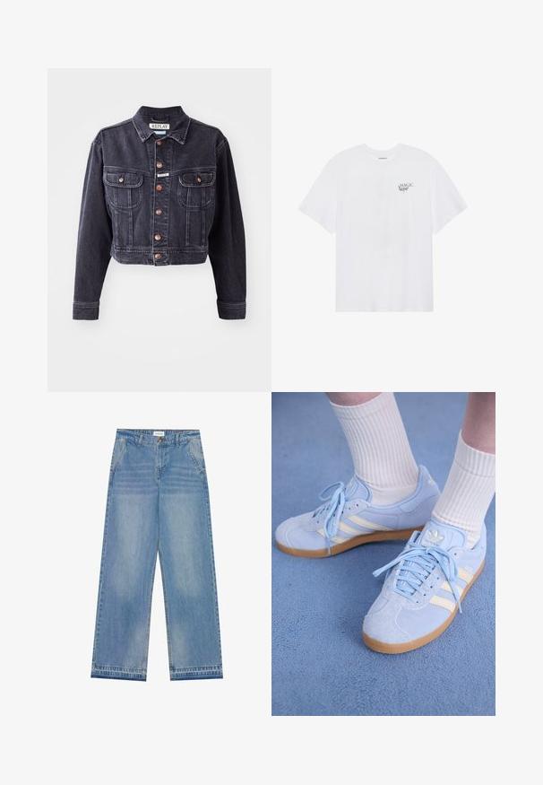 Cropped black denim jacket with a button-up front, two chest pockets, and contrasting stitching. Features a classic collar and durable fabric.; Even&Odd Print T-shirt - white; Light blue high-waist wide-leg jeans with a button closure, front pockets, belt loops, and subtle faded detailing.; Light blue suede sneakers with white stripes, flat laces, and a gum rubber sole. Ribbed white socks are worn above the ankle.