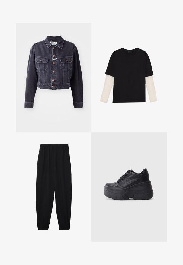 Lyhytmustasta farkkutakista, jossa on napitettava etuosa, kaksi rintataskua ja erottuva ompelu. Ominaisuuksiin kuuluu klassinen kaulus ja kestävä kangas.; Mustapaita, joka on valmistettu puuvillasta ja jossa on lyhyet hihat valkoisen pitkähihasen kerroksen päällä, jossa on hienovarainen teksturoitu kuvio. Pyöreä kaula-aukko.; Mustat, kevyet housut, joissa on joustava vyötärö ja kerätyt nilkat. Kangas on sileä ja siinä on rento, kapeneva muotoilu.; Musta nauhallinen lenkkarit, joissa on paksu pohja, ja jotka sisältävät sileästä nahasta valmistetun yläosan, pyöreän kärjen ja erottuvan kerroksittain muotoillun pohjan.