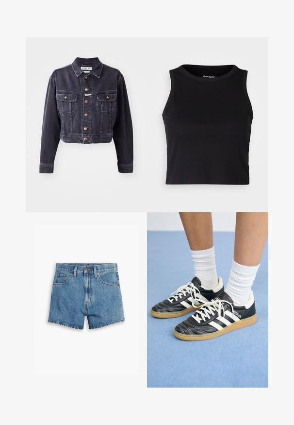 Lühendatud must denimjakki nööpidega ees, kaks rinna taskut ja kontrastõmblused. Omab klassikalist kraed ja vastupidavat kangast.; Mustard ribaga lõhikuga crop top, millel on ümar kaelus ja ilma varrukateta disain. Valmistatud pehmest ja venivast kangast, millel on puhtad äärised.; Heledad teksapüksid helesinisena, millel on viis taskut, tõmblukk ja nööpkinnitus. Varrukad on lõdvenenud ja servad on kulunud.; Mustad nahast tennisetossud valgete triipudega, ümar nina, valged paelad ja kummist tallad. Esiletõstetud pehmendatud krae ja brändingu detailid.