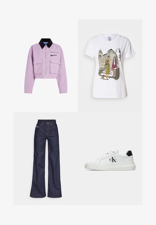 Kostīms rožainas krāsas, izgatavots no kokvilnas, ar melnu kordūrsi apkakli, priekšējo rāvējslēdzēju un divām priekšējām kabatām. Logo uz krūtīm.; Balta kokvilnas T-krekls ar divu sieviešu, kas ģērbtas urbanā stilā, zīmējumu, uz kura redzams suns uz gājēju pārejas un pilsētas ēkas.; Tumši zili platleņķa džinsi no denima auduma ar augstu jostasvietu, ar oranžām šuvēm, piecu kabatu dizainu un pogu aizdari.; Baltā zema topa sporta apavas ar melnu papēža cilni, platformas zoli, auklēm un Calvin Klein "CK" logo sānos.