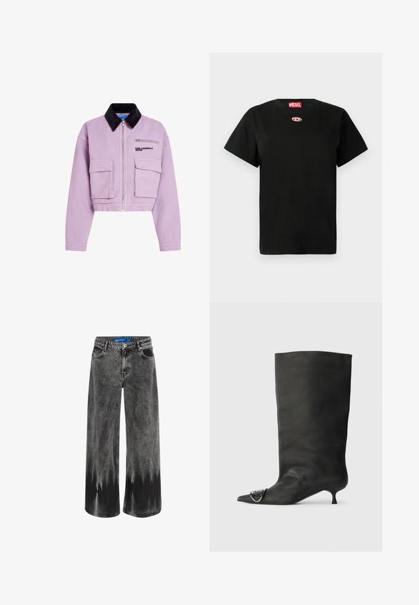 Apkirptas levandų spalvos džemperis pagamintas iš medvilnės, su juodu šoniniu apykakle, priekiniais užtrauktukais ir dviem priekinių kišenių. Logotipas ant krūtinės.; Juodas trumpas rankovėmis Diesel marškinėliai su mažuoju rožiniu logotipu krūtinėje ir raudonu Diesel etiketu ant apykaklės viduje.; Plačios kojų džinsai iš išblukusio juodo džinsinio audinio, su dip-dye efektu, plieno detalėmis ir klasikinio penkių kišenių dizainu su standardiniu juosmeniu.; Juodas odinis kulkšninis batas su smailiu pirštu, maža pakulne ir metaline akcentu ant piršto. Lygus, matinio paviršiaus tekstūra visame batus.