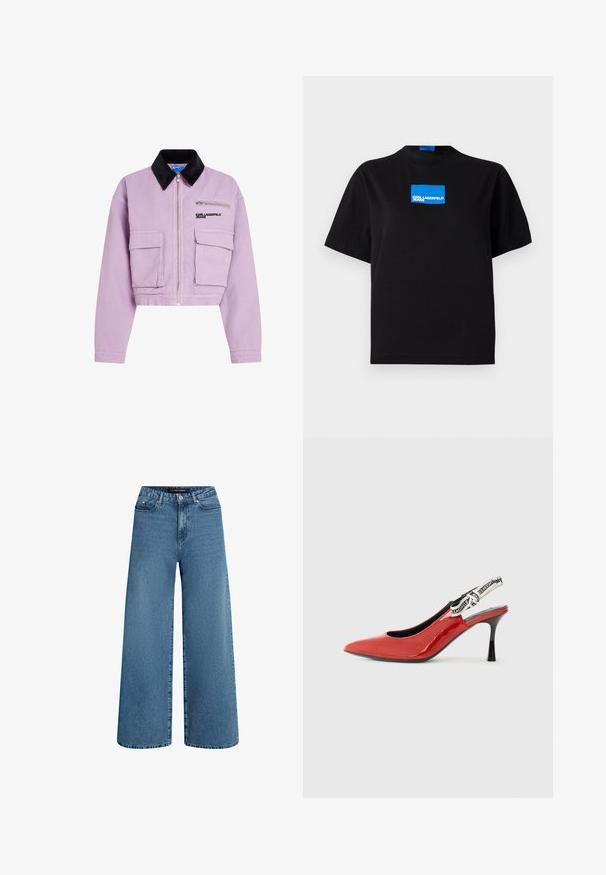 Skraćena lavanda jakna od pamuka s crnom kašmir kragnom, prednjim zatvaračem i dva prednja džepa. Logo na prsima.; Crna pamučna majica s okruglim izrezom, koja na prednjoj strani ima plavi pravokutni grafički logo s natpisom "KARL LAGERFELD JEANS".; Široke traperice u srednje plavoj denimu, s visokim strukom, dizajnom s pet džepova i suptilnim izblijedjenjem. Čist završetak na rubu i pojasu.; Crvene lakirane slingback cipele s oštrim vrhom, crnim potplatom i dekorativnim tekstilnim remenom sa ponavljajućim uzorkom logotipa.