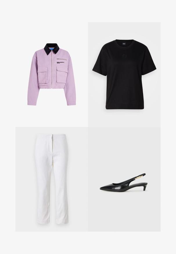 Kostīms rožainas krāsas, izgatavots no kokvilnas, ar melnu kordūrsi apkakli, priekšējo rāvējslēdzēju un divām priekšējām kabatām. Logo uz krūtīm.; Melna kokvilnas T-krekls ar apaļu izgriezumu, īsām piedurknēm un izšūtu logotipu uz krūtīm. Vienkāršs, brīvs piegriezums bez rakstiem.; Baltas kokvilnas bikses ar taisnu kāju dizainu, ar vidēju augstumu un bez redzamām detaļām vai rakstiem. Visā virsmā ir gluda tekstūra.; Melnas ādas slingback zābaki ar smailu purngalu, ar šauru papēdi un zelta krāsas akcentu uz regulējama siksniņas. Gluda tekstūra.