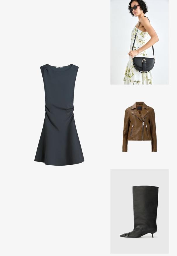 Brown leather motorcycle jacket with silver zippers, snap collar, and two zippered front pockets. Smooth texture and cropped design.; Dark gray sleeveless dress with a round neckline, fitted bodice, and flared skirt, featuring subtle ruching on the side for texture.; Black leather ankle boot with a pointed toe, small heel, and metallic accent detail on the toe. Smooth, matte texture throughout.; Black leather handbag with a curved shape, detachable strap, and gold hardware. The bag features a flap with a buckle detail.