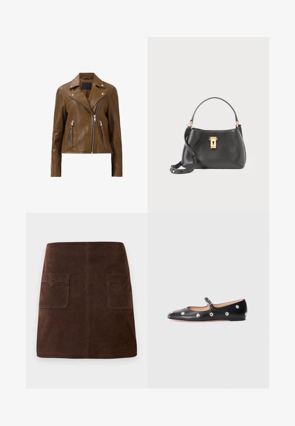 Ruskeaharma nahkamoottoripyörätakki, jossa on hopeiset vetoketjut, napituskaulus ja kaksi vetoketjullista etutaskua. Silkinpehmeä pinta ja lyhyt malli.; Kermanvärinen neulepaita, jossa on kaulusta muistuttava pääntie, neljän napin lista, ribbireunat ja pieni logo-patch helman kohdalla.; Ruskea mokkanahkainen hame, jossa on klassinen A-linjainen malli, kaksi etutaskua pyöreillä läpillä ja hienovaraisia ommeltyöstöjä.; Musta nahkainen Mary Jane -tyylinen tasapohjakenkä, jossa on pyöreä varvas. Kenkässä on hopeisia pyöreitä niittejä ja säätöremmi, jossa on solki.; Mustikka nahkalaukku, jossa on tekstuuripinta, kultainen lukitus, lyhyt kahva ja irrotettava olkahihna.