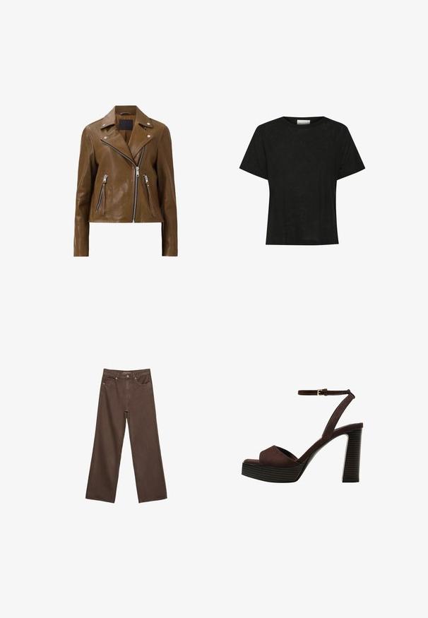 Hnedá kožená motocyklová bunda so striebornými zipsami, patentným golierom a dvoma prednými vreckami na zips. Hladký povrch a skrátený strih.; Čierne tričko s krátkym rukávom vyrobené z ľahkého materiálu. Dizajn s okrúhlym výstrihom a voľným strihom, s minimálnou textúrou, vhodné na neformálne nosenie.; Džínsy s širokými nohavicami v hnedej farbe, vyrobené z denimu, so zvýšeným pásom, prednými vreckami a klasickým zapínaním na gombík. Hladká textúra s jemným prešívaním.; Hnedé semišové sandále na vysokom podpätku s otvorenou špičkou, nastaviteľným členkovým remienkom a pruhovanou platformovou podrážkou.