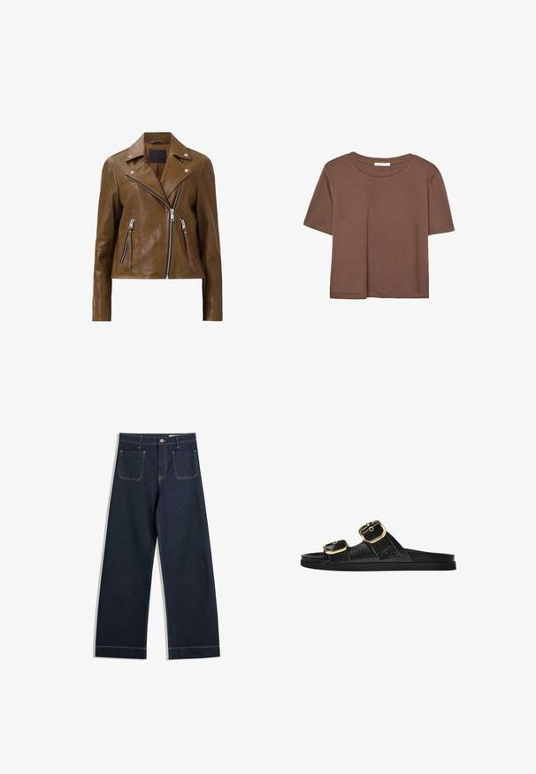 Ruskeaharma nahkamoottoripyörätakki, jossa on hopeiset vetoketjut, napituskaulus ja kaksi vetoketjullista etutaskua. Silkinpehmeä pinta ja lyhyt malli.; Kahvinsävyinen lyhythihainen t-paita, joka on valmistettu pehmeästä kankaasta. Pyöreä pääntie ja rento malli. Ei näkyviä kuvioita tai koristeita.; Tummansinisiä leveälahkeisia farkkuja, joissa on vaaleanruskeat tikkaukset, kaksi takataskua ja napitus vyötäröllä.; Musta liukusandaali, jossa on kaksi kultaisesta solkesta tehtyä korostusta, sileäpintainen materiaali, litteä pohja ja minimalistinen muotoilu.