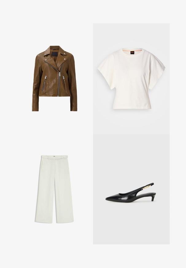 Bruine leren motorjack met zilveren ritsen, drukknoop-kraag en twee ritszakken aan de voorkant. Soepele textuur en cropped ontwerp.; Witte gecropte T-shirt, korte brede mouwen, zachte katoenmaterialen, ronde halslijn met subtiele oranje rand, minimalistisch ontwerp, geen patronen of graphics.; Wijde broek in licht crèmekleurige stof, met zijzakken, een platte voorkant en een enkele knoopsluiting bij de taille. Glad van textuur.; Zwarte leren slingback hakken met een spitse neus, voorzien van een slanke hak en een goudkleurige accent op de verstelbare band. Gladde textuur.