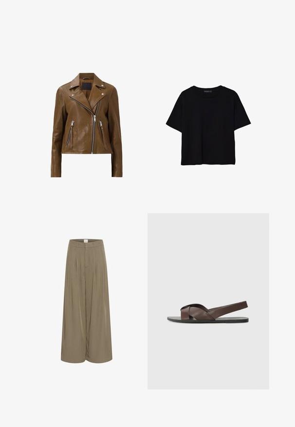 Braune Leder-Motorradjacke mit silbernen Reißverschlüssen, Druckknopfkragen und zwei Reißverschluss-Fronttaschen. Glatte Textur und kurze Passform.; Schwarzes T-Shirt mit kurzen Ärmeln aus Baumwolle. Verfügt über einen runden Ausschnitt und einen lockeren Schnitt mit einer glatten, einfarbigen Textur. Keine sichtbaren Muster oder Akzente.; Weite Hose aus leicht braunem Stoff; verfügt über Falten, einen taillierten Bund und eine glatte Textur. Keine sichtbaren Taschen oder Verzierungen.; Braune Ledersandale mit einem Kreuzriemen-Design, flacher schwarzer Sohle und verstellbarem Rückriemen. Glatte Textur und minimale Hardware-Details.