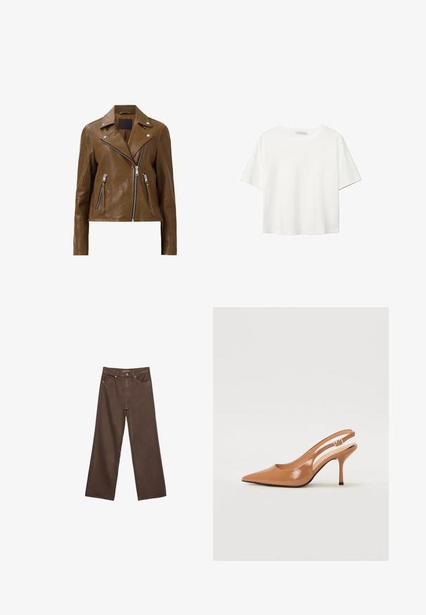 Rjava usnjena motoristična jakna s srebrnimi zadrgami, sponko za ovratnik in dvema sprednjima žepoma z zadrgo. Gladka tekstura in skrajšana zasnova.; Bela kratka majica s kratkimi rokavi iz bombaža. Ima okroglo izrezovanje in sproščen kroj. Gladka tekstura brez vidnih vzorcev ali poudarkov.; Široke rjave kavbojke iz denima, ki imajo visok pas, sprednje žepe in klasično zapiranje na gumb. Gladka tekstura s subtilnim šivom.; Slinčaste pete z ostro konico v gladkem, sijočem bež materialu. Imajo ukrivljen rez in vitko stiletto peto. Podrobnost s srebrno zaponko.