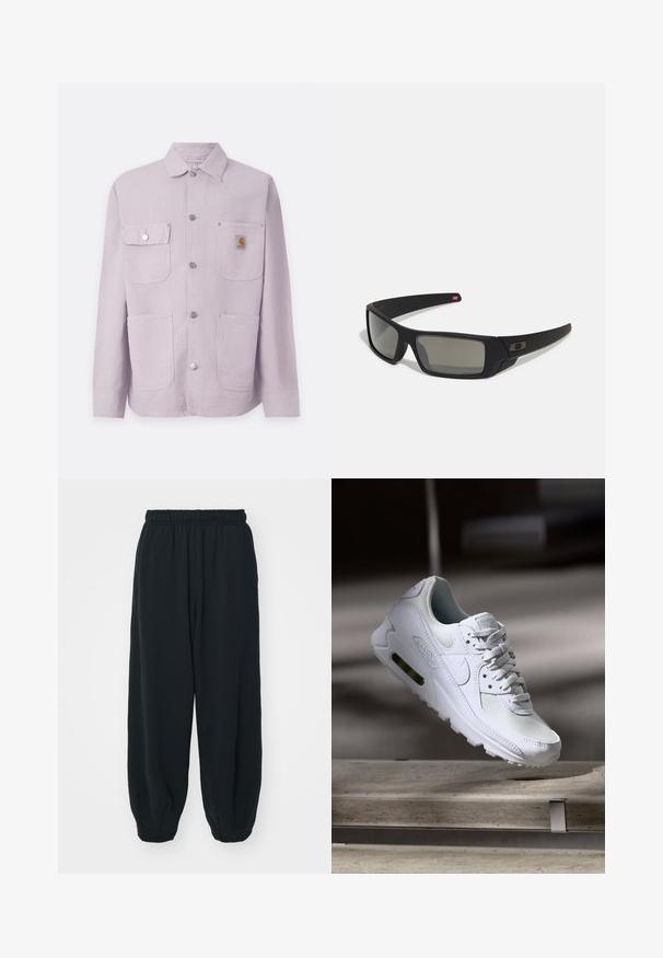 Veste de travail mauve clair en tissu durable, avec un col, deux poches avant, des boutons-pression et un patch logo sur la poche gauche.; Sweat-shirt noir en coton, avec un col rond, des manches longues, et un petit logo Nike blanc sur la partie supérieure gauche de la poitrine.; Pantalons de survêtement noirs avec taille élastiquée, coupe ample, chevilles côtelées, texture lisse et sans motifs ni accents matériels visibles.; Sneaker Nike Air Max 90 blanche avec une tige en mesh et cuir, une boîte à orteils perforée et une unité air visible au talon.; Lunettes de soleil noires avec une finition mate, verres rectangulaires, légère courbure sur les branches, détail de logo subtil et verres teintés fumés.