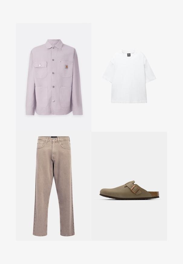 Vaaleanvioletti työtakki, joka on valmistettu kestävästä kankaasta. Takissa on kauluksellinen kaula, kaksi etutaskua, napit ja logo-patch vasemmassa taskussa.; Valkoinen lyhythihainen T-paita, joka on valmistettu puuvillasta. Paita on pyöreäkauluksinen, väljästi leikattu ja suorahelmainen. Ei kuvioita eikä koristeita.; Vaaleanbeiget suora lahje -farkut, joissa on hieman haalistunut tekstuuri, viisipokkoinen muotoilu ja metallinen napin suljin. Korostetut saumausdetaljit.; Ruske läppäkorot, joilla on sileä, matta pinta. Sivulla on näkyvä pronssivöri. Korkkijalkine ja kumipohja mukavuutta varten.