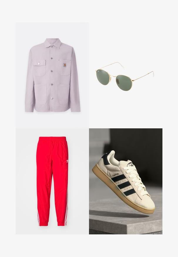 Jasnofioletowa kurtka robocza wykonana z trwałego materiału, z kołnierzykiem, dwoma przednimi kieszeniami, zatrzaskami oraz naszywką z logo na lewej kieszeni.; Biała bawełniana koszulka z okrągłym dekoltem, krótkimi rękawami i luźnym krojem. Posiada prosty design bez wzorów czy akcentów.; Czerwone sportowe spodnie z elastycznym paskiem w talii, białymi paskami po bokach oraz małym białym logo na lewej udzie.; Beżowe zamszowe sneakersy z trzema ciemnoniebieskimi paskami, białymi sznurówkami i brązową kauczukową podeszwą. Zawierają logo na języku oraz tekst "CAMPUS".; Okulary przeciwsłoneczne w złotej metalowej oprawie z zielonymi soczewkami, o okrągłym kształcie, cienkich zausznikach i białych plastikowych akcentach na końcach ramion.