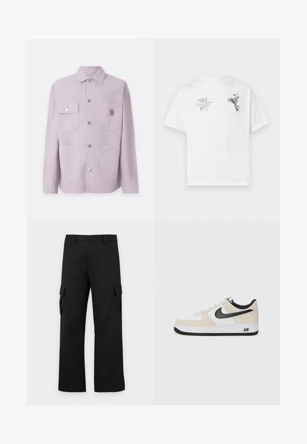 Svetlo vijoličasta delovna jakna iz trpežnega materiala, z ovratnikom, dvema sprednjima žepoma, gumbom na pritisni sistem in oznako z logotipom na levem žepu.; Bela bombažna majica s črnim grafičnim potiskom krilate figure in besedilom, z okroglim izrezom in kratkimi rokavi.; Črne cargo hlače s ravnim krojem. Narejene so iz trpežnega materiala in imajo dve stranski žepi s poklopcem ter gumbasto zaponko.; Tenisice z svetlo bež semenom in belim usnjem, črnim Nike znak, črnimi detajli in belim gumijastim podplatom z oznako "AIR".