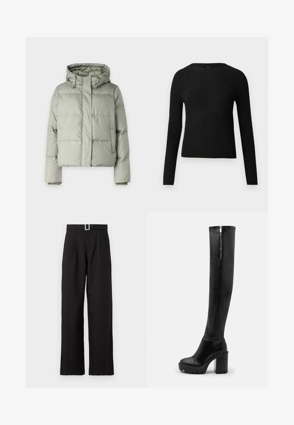 Lys grøn pufferjakke med hætte, der har en cropped design, syede paneler og elastiske cuff.; Sort ribbet langærmet tætsiddende sweater med rund halsudskæring, præsenteret på en ensfarvet lys baggrund.; Sorte højtaljede bukser med brede ben og bæltestropper samt en sølv rektangulær spænde på hvid baggrund.; Even&Odd Højhælede støvler - black
