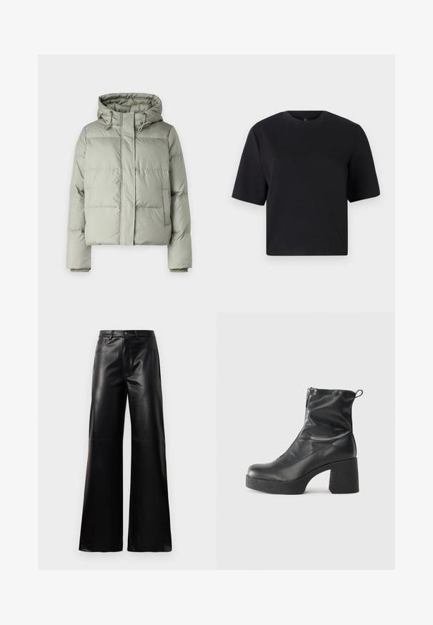 Light green puffer jacket with a hood, featuring a cropped design, stitched panels, and elastic cuffs. Includes drawstring at the neckline.; Black short-sleeve t-shirt, round neckline, made from smooth cotton fabric; relaxed fit, minimal design, no visible patterns or accents.; Black high-waist wide-leg faux leather pants with front button, zip closure, belt loops, and side pockets on white background.; Black ankle boots made of smooth leather, featuring a side zipper, chunky textured heel, and rounded toe design.