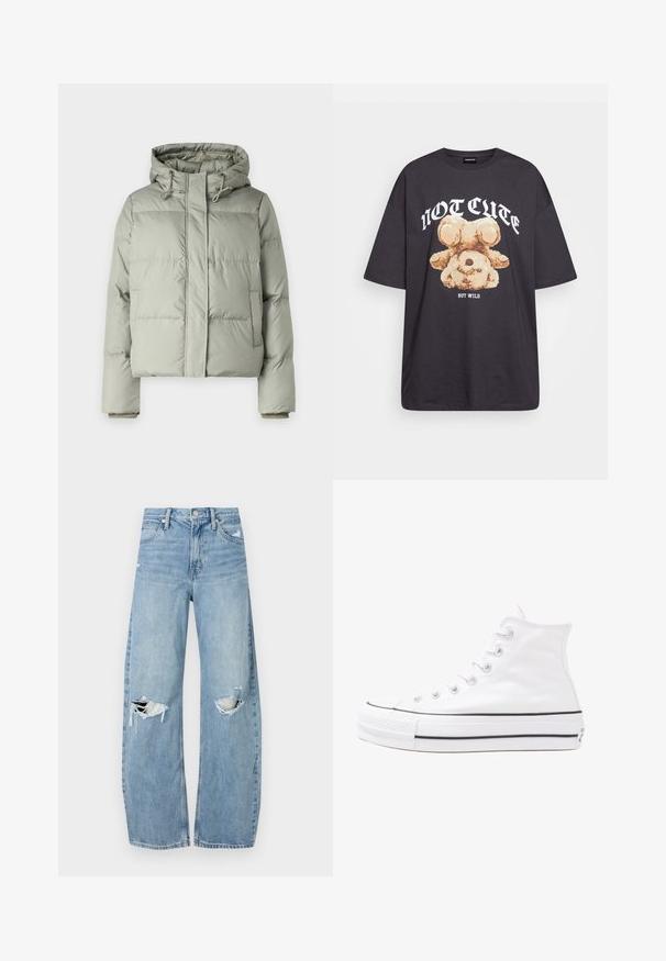 Lichtgroene pufferjack met een capuchon, met een cropped ontwerp, gestikte panelen en elastische manchetten. Inclusief een trekkoord bij de hals.; Zwart oversized t-shirt met een afbeelding van een beer en de tekst "NIET SCHATTIG, MAAR WILD" in grote, witte letters. Gemaakt van katoen.; Lichtblauwe, hooggeritste jeans van denim. Beschikken over wijde pijpen, twee gescheurde knievalken en klassieke vijfzakken styling.; Witte high-top canvas sneakers met een zwarte rubberen zool, een rubberen neuskap aan de voorkant en zes gaatjes voor veters, met een schone, minimalistische uitstraling.