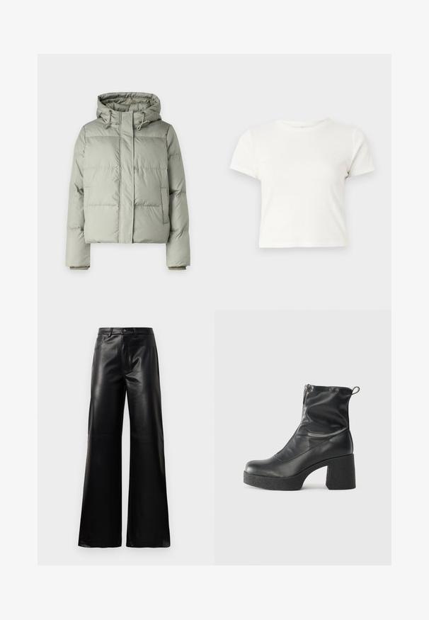 Casaco acolchoado verde-claro com capuz, apresentando um design cropped, painéis cosidos e punhos elásticos. Inclui cordão no decote.; T-shirt branca curta feita de algodão, com mangas curtas, um decote redondo e uma bainha reta, apresentando uma textura suave e um design minimalista.; Calças largas de imitação de couro pretas, de cintura alta, com botão frontal, fecho de correr, passadores de cinto e bolsos laterais sobre fundo branco.; Botas de tornozelo pretas feitas de couro liso, com fecho lateral, salto grosso texturizado e design de bico arredondado.