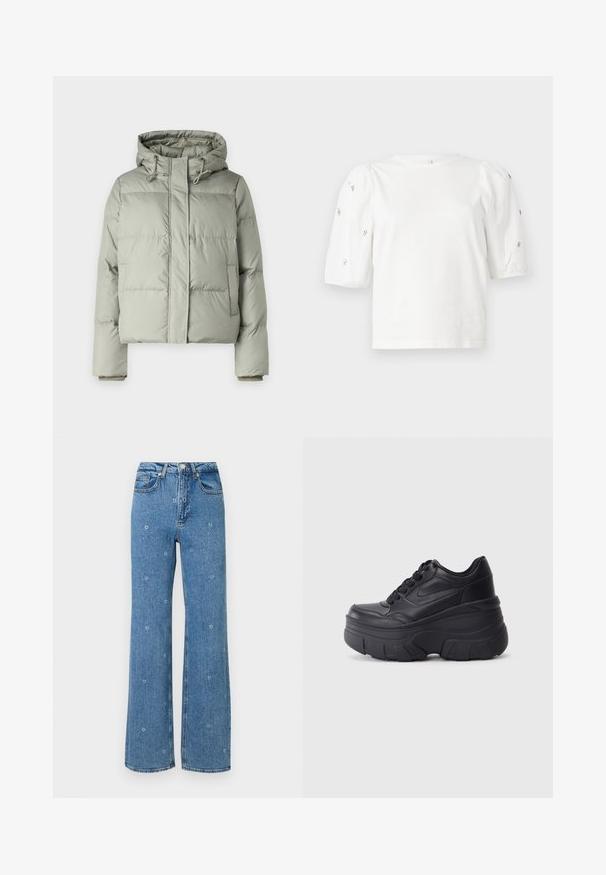 Svijetlozeleni puffer jakna s kapuljačom, koja ima skraćeni dizajn, šivane panele i elastične manšete. Sadrži vezicu na vratu.; Bijela pamučna majica s kratkim puf rukavima, s malim srebrnim ukrasima duž rukava. Klasičan okrugli izrez, opušteni kroj.; Plave traperice visoki struk ravnog kroja s malim bijelim cvjetnim vezom razbacanim po tkanini.; Crne tenisice na vezanje s debelim potplatom, koje imaju glatku kožnu gornju stranu, zaobljeni vrh i izražen slojeviti dizajn platforme.