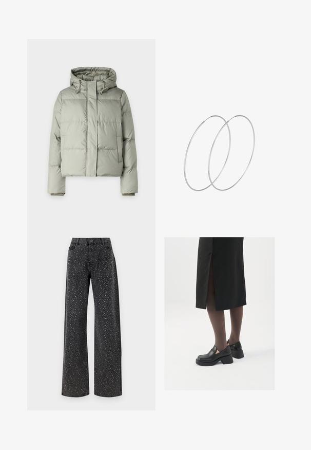 Chaqueta acolchada verde claro con capucha, con un diseño corto, paneles cosidos y puños elásticos. Incluye cordón en el escote.; Bodysuit negro de manga larga, con un escote en V de malla y detalle fruncido en los hombros. Tejido suave con una forma ajustada.; Noisy May NMJANNEL LOOSE - Vaqueros boyfriend - black denim; Zapatos de piel negra con punta redondeada, tacón grueso y bloque, y acentos elásticos en los laterales, combinados con unos pantys oscuros y una falda negra con una abertura.; Pendientes de aro plateados con un diseño minimalista. Forma circular, textura suave y perfil delgado. Livianos con un acabado pulido.