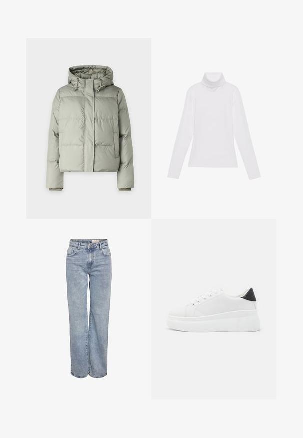 Lichtgroene pufferjack met een capuchon, met een cropped ontwerp, gestikte panelen en elastische manchetten. Inclusief een trekkoord bij de hals.; Witte lange mouw turtleneck top gemaakt van glad, elastisch materiaal. Voorzien van een hoge kraag en een getailleerd ontwerp, zonder zichtbare patronen of versieringen.; Lichtblauwe wijde jeans gemaakt van denim, met een hoge taille, vijf zakken en subtiele vervaging voor een versleten uitstraling.; Witte platform sneakers van glad synthetisch materiaal, met een afgeronde neus, vetersluiting en een gestructureerde rubberen zool. Zwarte hielaccent.