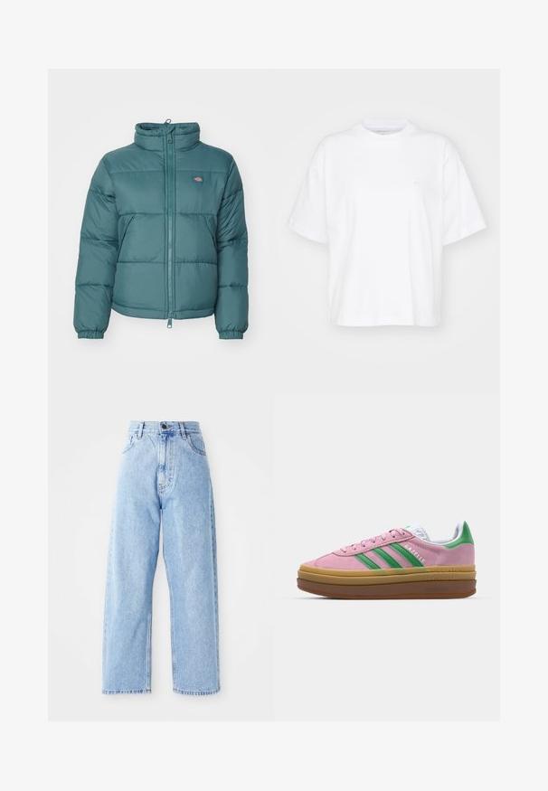 Casaco puffer em verde água com gola alta, fecho de zip, punhos elásticos e um logo em destaque. O material tem uma textura suave e leve.; T-shirt de algodão branco com decote redondo, mangas curtas e um corte descontraído. Apresenta um logotipo discreto na área do peito esquerdo. Textura suave.; Jeans de ganga azul claro de cintura alta, com pernas largas e retas, fecho frontal por botão e zip e bolsos à frente e atrás.; Ténis de camurça rosa com riscas verdes, detalhes brancos e sola de borracha castanha. Apresenta tecido texturizado e detalhes de logótipo na lateral.