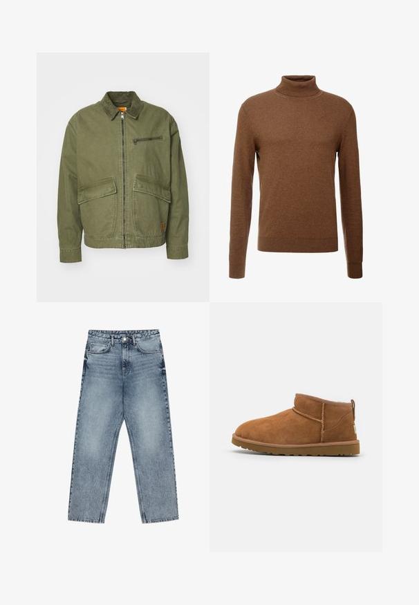 Olive green jacket with a collared neck, front zipper, two large patch pockets, and a small zippered pocket on the chest.; Brown turtleneck sweater made of soft fabric, featuring long sleeves, ribbed cuffs, and a fitted design with no visible patterns.; Light blue denim jeans with a straight leg cut, visible stitching, five pocket design, and a button closure at the waist.; Tan suede ankle boot with a rounded toe, subtle stitching details, and a textured rubber sole. Short height without laces.