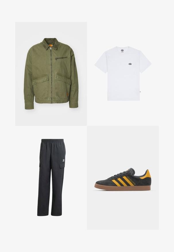 Olive roheline jakk, millel on kraega kaelus, esine lukuga, kaks suurt klapiga taskut ja väike lukuga tasku rinna peal.; Valge puuvillane t-särk lühikeste varrukatega, millel on rinna peal väike must logo ja sildi taga vasakus nurgas.; Mustad mustreebiga mustad cargo püksid elastse vöökaarega, kahe külge taskuga ja diskreetse logoga vasakul reitel. Valmistatud kergest kangast.; Mustad sametist spordijalatsid kollaste aktsentidega, millel on kolm triipu ja pruun kummitald. Mugavuse tagamiseks on neil pehmendatud keele osa.